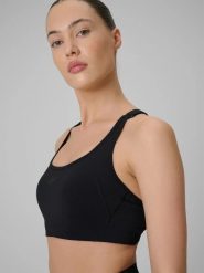 Biustonosz treningowy ze średnim wsparciem damski 4F 4FRSS26USBAF287. Czarne biustonosze sportowe damskie 4f, bez wzorów, z materiału. Za 91.99 zł.