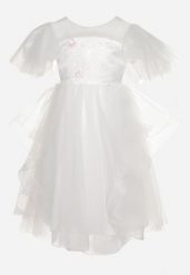 Biała Rozkloszowana Sukienka Tiulowa Princeska Ozdobiona Brokatem Rissalin. Białe sukienki niemowlęce Born2be, bez wzorów, z tiulu, bez ramiączek. Za 34.99 zł.