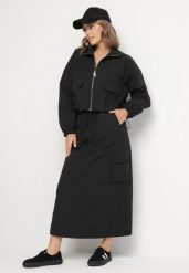 Czarny Komplet z Bawełną Rozpinana Bluza i Spódnica Evariel. Czarne bluzy bez kaptura damskie Born2be, l, z bawełny. Za 279.99 zł.