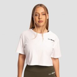 Koszulka damska fitness cropped bawełniana Limitless biała. Białe bluzki sportowe damskie GYMBEAM, s, bez wzorów, z bawełny, bez ramiączek. Za 76.90 zł.