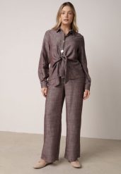Brązowy Komplet z Lnem i Wiskozą Szerokie Spodnie i Koszula z Wiązaniem Ravilith. Brązowe koszule damskie Born2be, bez wzorów, z bawełny. Za 229.99 zł.