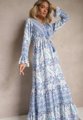 Niebieska Sukienka z Wiskozą o Rozkloszowanym Kroju z Falbanami w Etniczny Print Korimira. Niebieskie sukienki damskie Renee, na co dzień, l, bez wzorów, z wiskozy, eleganckie, bez kołnierzyka, bez ramiączek, maxi, kopertowe. W wyprzedaży za 127.99 zł.