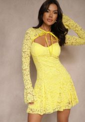 Żółta Koktajlowa Koronkowa Sukienka o Rozkloszowanym Kroju Nelfedi. Żółte sukienki damskie Renee, m, bez wzorów, z koronki, bez kołnierzyka, bez ramiączek, mini, rozkloszowane. Za 179.99 zł.