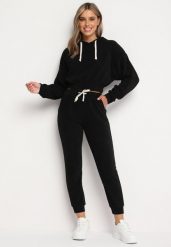 Czarny Komplet Dresowy z Bawełną Krótka Bluza z Kapturem i Spodnie z Gumką w Pasie Gesaria. Czarne bluzy z kapturem damskie Born2be, l, z bawełny. Za 139.99 zł.