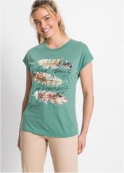 T-shirt z brokatowym nadrukiem. Zielone t-shirty damskie bonprix, bez wzorów, bez kołnierzyka. Za 67.99 zł.