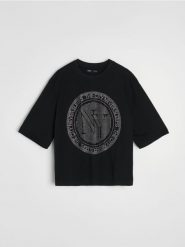 Bawełniana koszulka z ozdobnymi dżetami - czarny. Czarne t-shirty damskie Sinsay, l, bez wzorów, z bawełny, bez kołnierzyka. Za 29.99 zł.