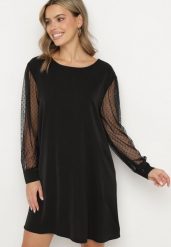 Czarna Trapezowa Sukienka z Transparentnymi Rękawami i Wycięciem na Plecach Sannara. Czarne sukienki damskie Born2be, na co dzień, bez wzorów, z jeansu, eleganckie, bez kołnierzyka, bez ramiączek, mini, proste. W wyprzedaży za 87.99 zł.