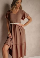 Brązowa Rozkloszowana Sukienka z Wiskozą w Casualowym Stylu Filarenna. Brązowe sukienki damskie Renee, na co dzień, l, bez wzorów, z wiskozy, eleganckie, bez kołnierzyka, bez ramiączek, midi, rozkloszowane. W wyprzedaży za 67.99 zł.