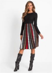 Sukienka dzianinowa w kratę. Czarne sukienki damskie bonprix, bez wzorów, z dzianiny, bez kołnierzyka, bez ramiączek. Za 139.99 zł.