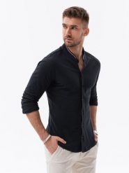 Bawełniana koszula męska SLIM FIT ze stójką w kolorowe paski – czarna V4 - Rozmiar: M. Czarne koszule męskie Ombre Clothing, m, bez wzorów, z bawełny, bez kołnierzyka, bez ramiączek. W wyprzedaży za 99.99 zł.