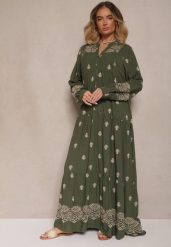 Ciemnozielona Rozkloszowana Sukienka Ozdobiona Haftem i Wzorem Boho Ronavere. Zielone sukienki damskie Renee, na co dzień, na lato, l, bez wzorów, boho, bez kołnierzyka, bez ramiączek, maxi, kopertowe. W wyprzedaży za 167.99 zł.