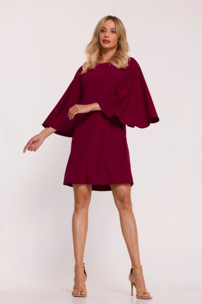 Elegancka sukienka trapezowa z bufiastymi rękawami bordowa. Czerwone sukienki damskie Stylove, xl, bez wzorów, eleganckie, bez kołnierzyka, bez ramiączek, trapezowe. Za 329.00 zł.