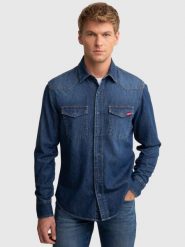 Koszula męska jeansowa granatowa Chuck 577. Niebieskie koszule męskie Big Star, l, bez wzorów, z jeansu, bez kołnierzyka, bez ramiączek. Za 279.99 zł.