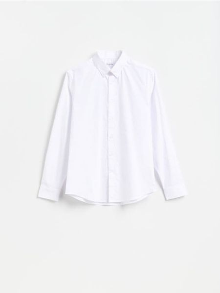 Koszula slim z bawełny merceryzowanej - biały. Białe koszule męskie Reserved, l, bez wzorów, z bawełny, bez kołnierzyka, bez ramiączek. Za 129.99 zł.