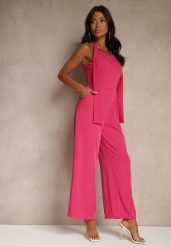 Fuksjowy Kombinezon Wide Leg z Ozdobnym Wiązaniem przy Szyi Silelia. Czerwone kombinezony damskie Renee, l, bez wzorów, eleganckie, bez kołnierzyka, bez ramiączek. Za 99.99 zł.