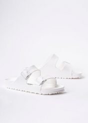 Birkenstock Arizona Essentials Klapki damskie białe. Białe klapki damskie Birkenstock, bez wzorów, bez obcasa. Za 229.99 zł.