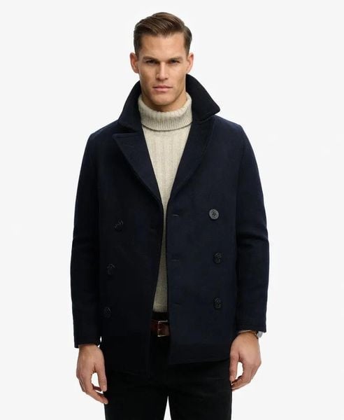 Superdry The Merchant Store - Płaszcz Pea Coat z mieszanki wełny. Niebieskie płaszcze męskie Superdry., l, bez wzorów, z materiału, eleganckie. Za 860.55 zł.