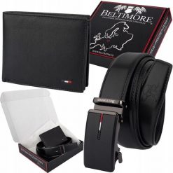 Zestaw Prezentowy Męski Skórzany Pasek Portfel Pudełko Premium Beltimore Z49 : Kolory - Czarny. Czarne paski męskie bez wzorów, z materiału, eleganckie. Za 100.99 zł.