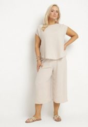 Jasnobeżowy Komplet Bluzka i Szerokie Spodnie Jenoretia. Brązowe spodnie materiałowe damskie Born2be, bez wzorów, eleganckie. Za 84.99 zł.