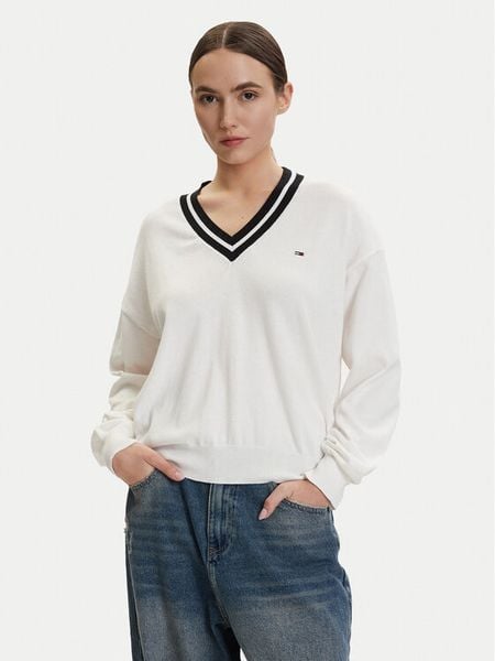 Tommy Jeans Sweter DW0DW22778 Biały Regular Fit. Białe swetry klasyczne damskie Tommy Jeans, xl, z bawełny, bez kołnierzyka. Za 449.99 zł.
