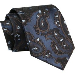 Męski Krawat - ALTIES - Klasyczny - Granatowy z Brązowym Motywem Paisley. Niebieskie krawaty i muchy męskie Alties, bez wzorów, z tkaniny, eleganckie. Za 49.00 zł.