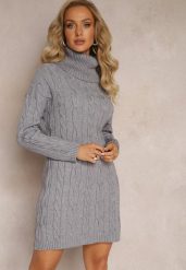Ciemnoszara Mini Sukienka ze Sweterkowej Dzianiny z Szerokim Golfem i Ściągaczami Jilenma. Szare sukienki damskie Renee, na jesień, m, bez wzorów, z dzianiny, bez kołnierzyka, bez ramiączek, mini. W wyprzedaży za 83.99 zł.