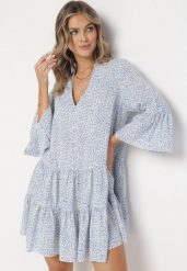 Jasnoniebieska Sukienka Rozkloszowana z Falbankami Chrisley. Niebieskie sukienki damskie Born2be, na imprezę, l, z aplikacjami, bez kołnierzyka, bez ramiączek, mini, rozkloszowane. W wyprzedaży za 63.99 zł.