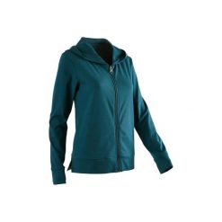 Bluza z kapturem na zamek Gym & Pilates 100 damska. Niebieskie bluzy sportowe damskie DOMYOS, xs, bez wzorów, z bawełny, bez ramiączek, z kapturem. W wyprzedaży za 49.99 zł.
