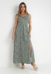 Zielona Sukienka Mellamia. Zielone sukienki damskie Born2be, na lato, l, z aplikacjami, bez kołnierzyka, bez ramiączek, maxi, rozkloszowane. W wyprzedaży za 51.99 zł.