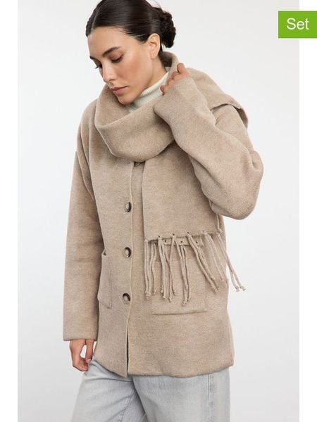 Trendyol 2-częściowy zestaw w kolorze beżowym rozmiar: M. Brązowe kardigany damskie Trendyol, m, bez wzorów. Za 121.99 zł.