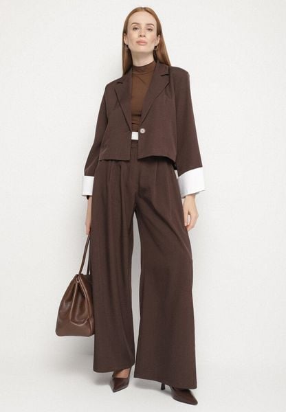 Ciemnobrązowy Komplet Garniturowy Marynarka i Spodnie z Kontrastowymi Wstawkami Daviraya. Brązowe marynarki i żakiety damskie Born2be, bez wzorów, eleganckie. Za 179.99 zł.