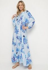 Niebieska Rozkloszowana Sukienka z Wiskozą w Kwiatowy Wzór Ridisandra. Niebieskie sukienki damskie Born2be, na co dzień, l, z aplikacjami, z wiskozy, eleganckie, bez kołnierzyka, bez ramiączek, maxi, rozkloszowane. W wyprzedaży za 127.99 zł.