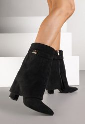 Czarne Botki z Imitacji Zamszu na Słupku z Wywiniętą Cholewką Eleave. Czarne botki damskie Born2be, z jeansu, bez obcasa, na obcasie, bez zapięcia. Za 169.99 zł.