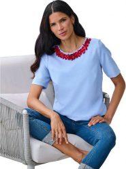 Heine Bluzka w kolorze błękitnym rozmiar: 48. Niebieskie bluzki damskie Heine, z aplikacjami, bez kołnierzyka, bez ramiączek. Za 86.99 zł.