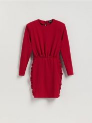 Sukienka mini z drapowaniem - czerwony. Czerwone sukienki damskie Reserved, l, bez wzorów, z tkaniny, bez kołnierzyka, bez ramiączek, mini, dopasowane. Za 139.99 zł.