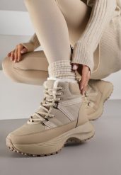 Ciemnobeżowe Sportowe Śniegowce Chunky na Platformie Ishweda. Brązowe śniegowce damskie Renee, z jeansu. Za 99.99 zł.