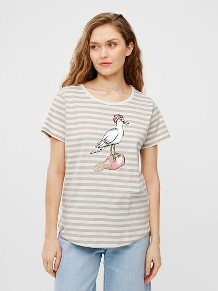 Derbe Koszulka w kolorze biało-beżowym rozmiar: M. Białe bluzki damskie Derbe, m, bez wzorów, z bawełny, bez kołnierzyka, bez ramiączek. Za 106.38 zł.