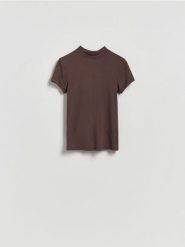 T-shirt z włóknami bambusowymi - brązowy. Brązowe t-shirty damskie Reserved, l, bez wzorów, z włókna, bez kołnierzyka. Za 69.99 zł.