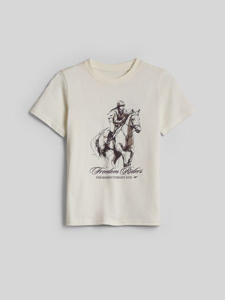 4F T-shirt regular z nadrukiem dziewczęcy - kremowy 134 (8-9 lat). Białe koszulki dziewczęce 4f, uniwersalny, bez wzorów, z bawełny, bez ramiączek. Za 49.99 zł.