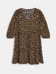 Sukienka mini babydoll w panterkę - brązowy. Brązowe sukienki damskie Sinsay, l, bez wzorów, bez kołnierzyka, bez ramiączek, midi. Za 49.99 zł.