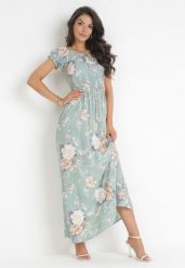 Jasnozielona Sukienka Maxi w Kwiaty z Ozdobnym Wiązaniem przy Dekolcie i Krótkimi Rękawami Paninthe. Zielone sukienki damskie Born2be, na imprezę, m, bez wzorów, z tkaniny, bez kołnierzyka, bez ramiączek, maxi, rozkloszowane. W wyprzedaży za 47.99 zł.