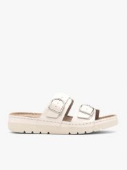 Kremowe klapki z dwoma paskami. Brązowe klapki damskie Ryłko, bez wzorów, ze skóry, bez obcasa, na płaskiej podeszwie. Za 399.99 zł.