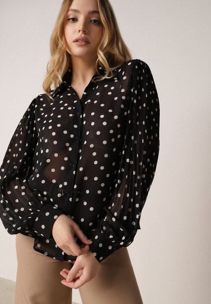 Czarna Bawełniano-Wiskozowa Koszula w Groszki z Plisowanymi Rękawami Ronan. Czarne koszule damskie Born2be, l, bez wzorów, z bawełny, biznesowe, bez kołnierzyka, bez ramiączek. Za 109.99 zł.