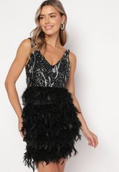 Czarna Sukienka Mini w Pióra i Cekiny Vortega. Czarne sukienki damskie Born2be, s, z aplikacjami, bez kołnierzyka, bez ramiączek, mini. W wyprzedaży za 175.99 zł.