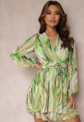 Zielona Kopertowa Sukienka Breyera Mini z Ozdobnym Wiązaniem i Długim Rękawem. Zielone sukienki damskie Renee, na lato, m, bez wzorów, bez kołnierzyka, bez ramiączek, mini, kopertowe. Za 149.99 zł.