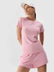 4F T-shirt slim gładki damski - różowy L. Czerwone t-shirty damskie 4f, l, bez wzorów, z bawełny, bez kołnierzyka. Za 39.99 zł.