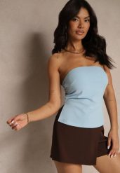 Jasnoniebieski Top Bandeau z Wiskozą z Ozdobnymi Rozcięciami Saliera. Niebieskie topy damskie Renee, l, z aplikacjami, z jeansu, bez kołnierzyka. Za 59.99 zł.
