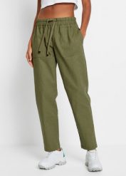 Spodnie z gumką w talii z przewiewnego materiału z domieszką lnu. Zielone spodnie materiałowe damskie bonprix, bez wzorów. Za 189.99 zł.