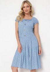 Niebieska Bawełniana Sukienka w Drobne Kwiaty z Gumkami w Talii Fielita. Niebieskie sukienki damskie Born2be, na spotkanie biznesowe, na lato, m, bez wzorów, z bawełny, eleganckie, bez kołnierzyka, bez ramiączek, mini. Za 49.99 zł.