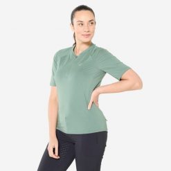 Koszulka rowerowa MTB damska Rockrider cargo. Zielone bluzki sportowe damskie ROCKRIDER, l, z materiału, bez kołnierzyka, bez ramiączek. Za 139.99 zł.
